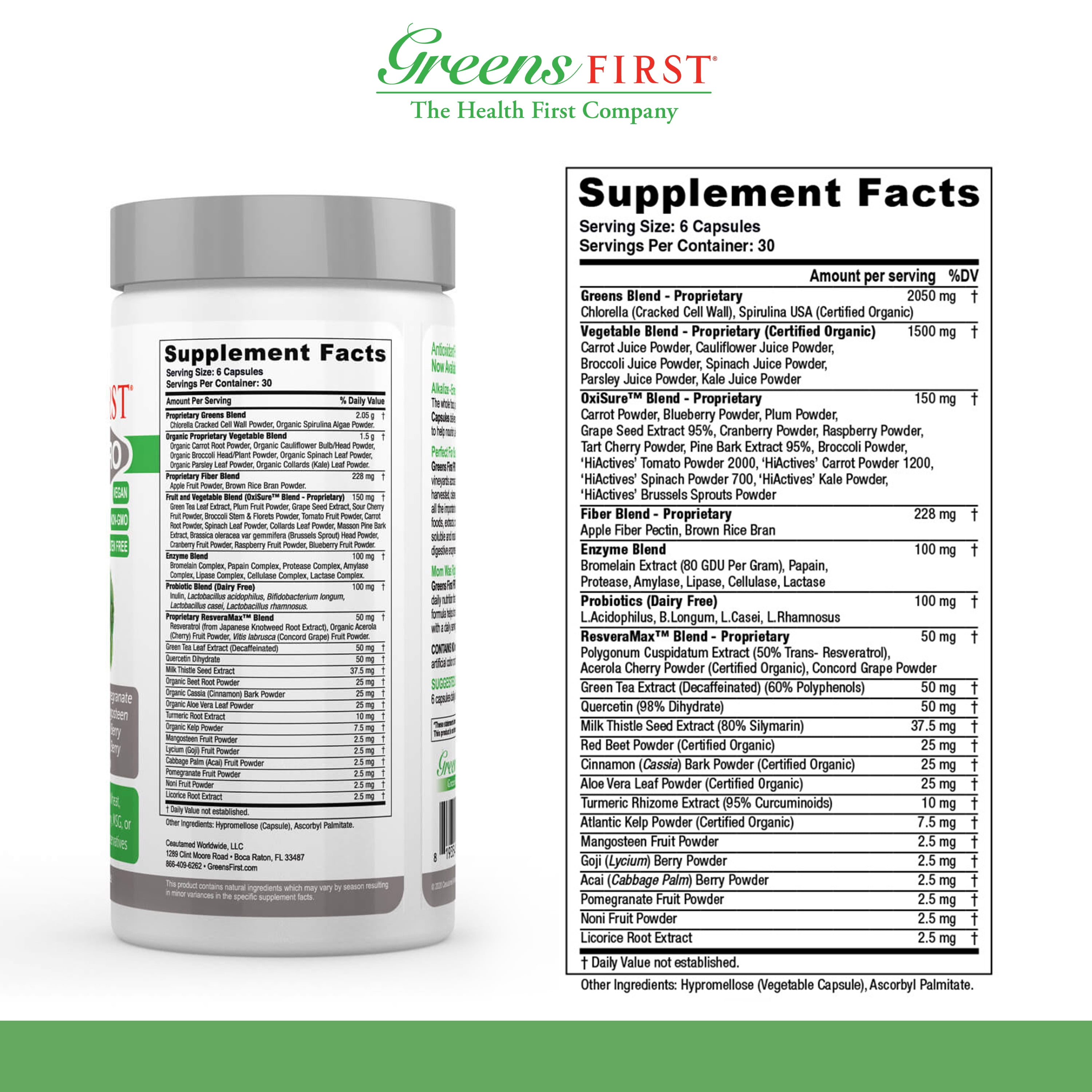 Greens First Phytonutrient Capsules - 49 Antioxidant-Rich Superfoods with Organic Fruits & Veggies, Prebiotics, Probiotics, and Digestive Enzymes - 180 Capsules