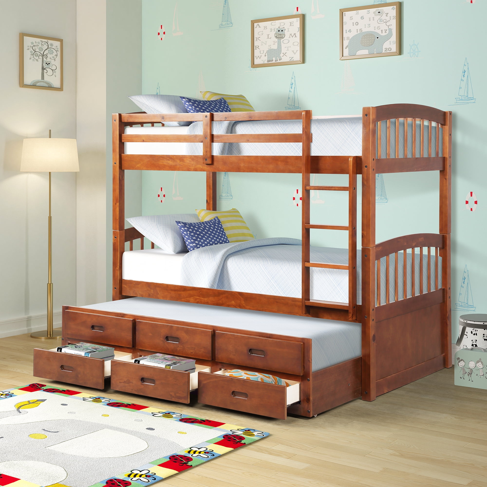 SEGMART Walnut Twin Over Twin Bunk Bed with 3 Under Bed Drawers and
