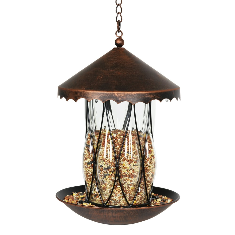 Exhart Solar Bronze Bird Feeder in Clear Diamond Glass Pattern with