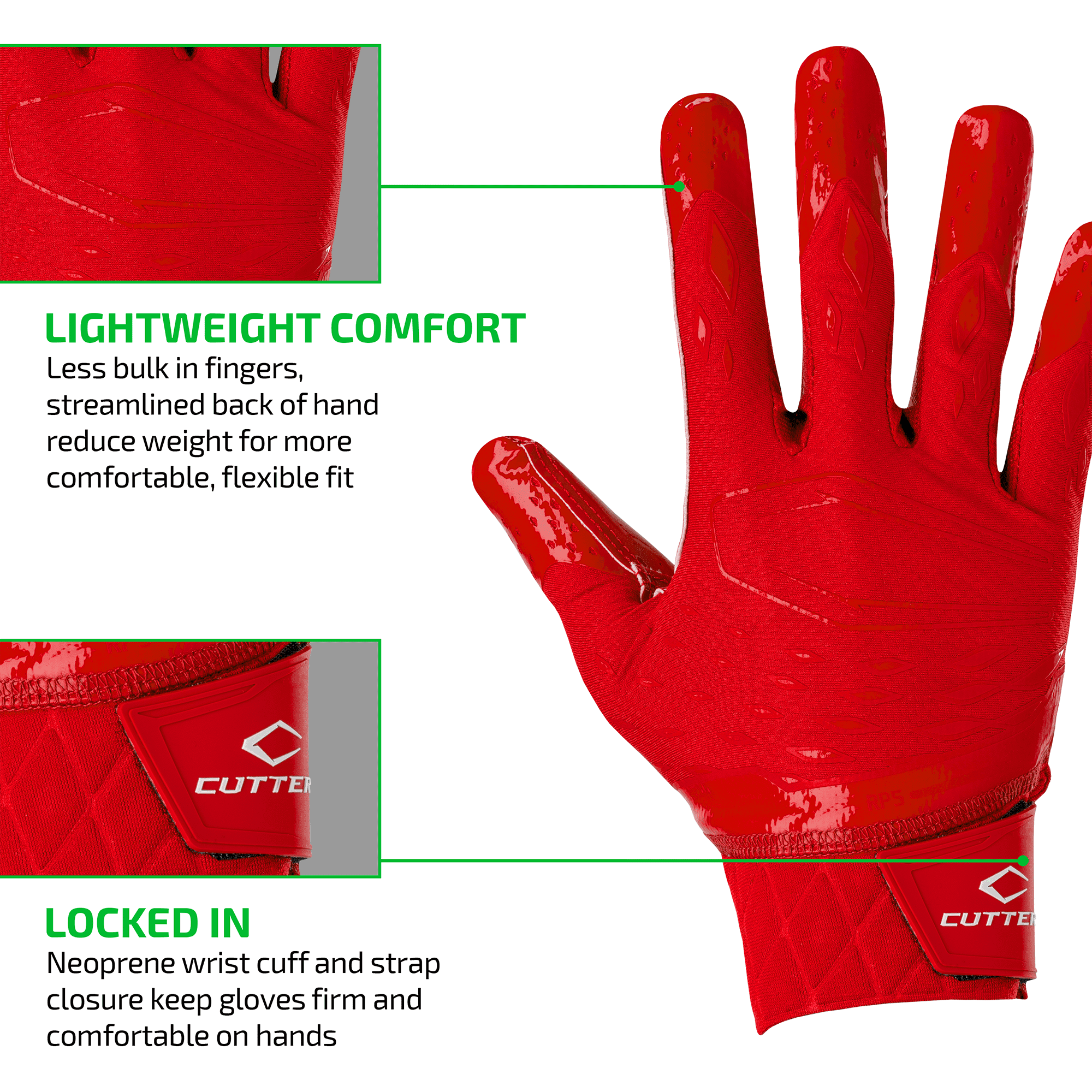 Cutters, Rev Pro 5.0 Football Receiver Gloves, Adult, M, Solid Red