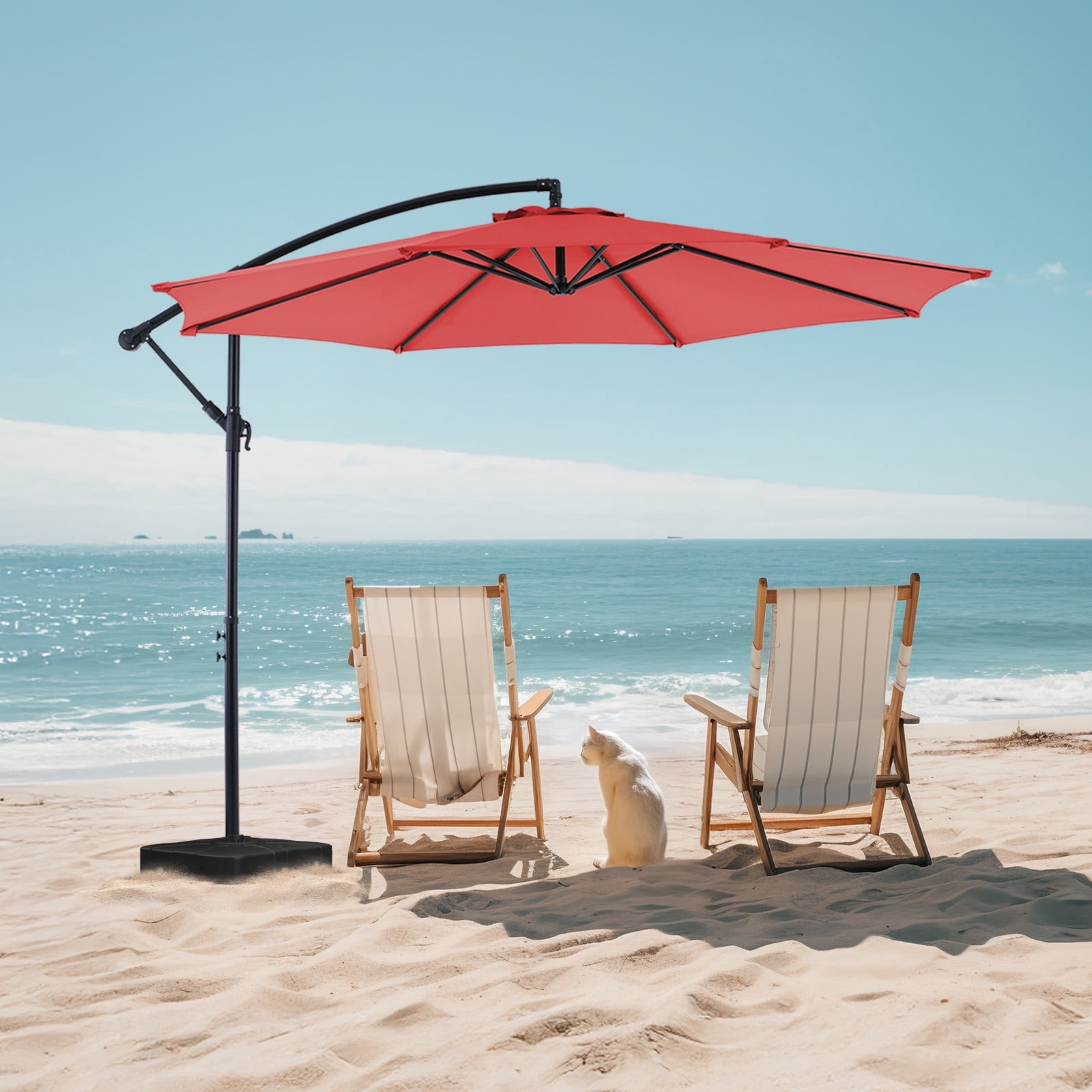 MCQ 10FT Cantilever Patio Umbrellas Hanging Outdoor Offset Umbrella with Easy Tilt Adjustment Self-Locking with 8 Sturdy Ribs, Large Sun Shade for Deck, Poolside, Red