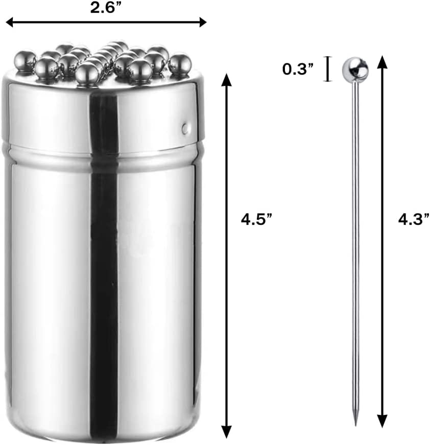 ABCISI 4.5" Metal Cocktail Picks 21Pack+Holder Jar, Premium 304 Stainless Steel Reusable Appetizer Skewers Set for Fruits, BBQ Snacks, Cocktails, Olives
