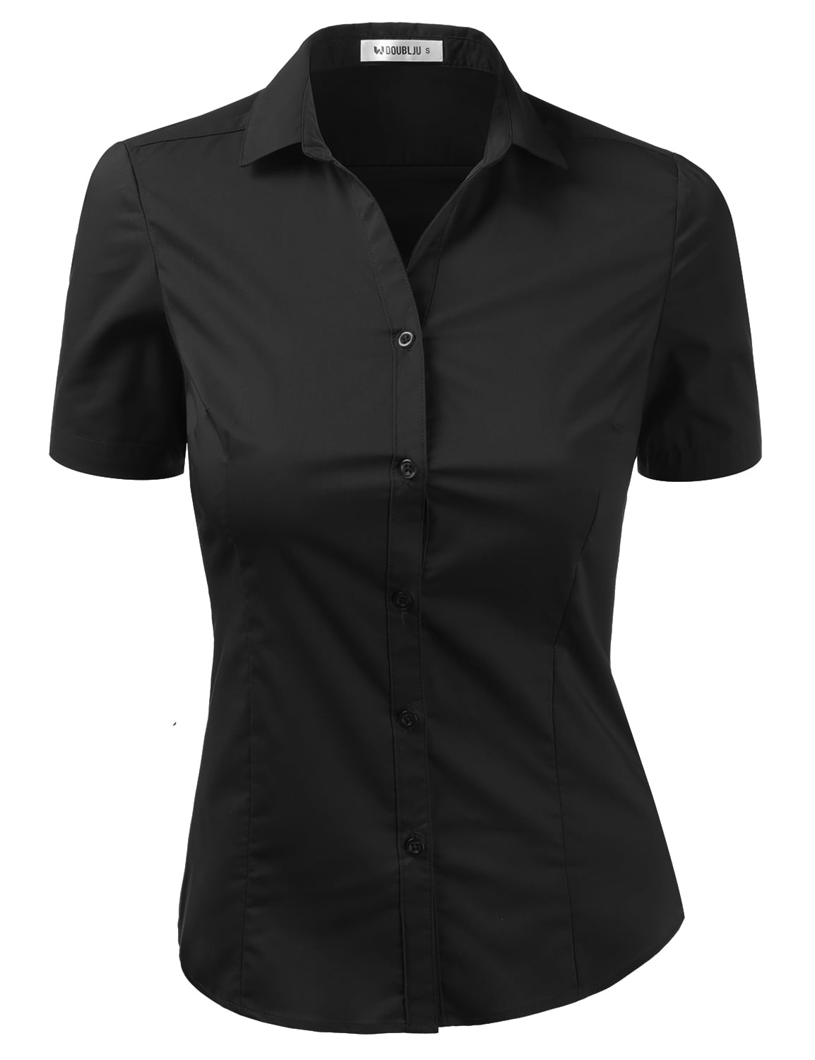 DOUBLJU Women's Slim Fit Plain Classic Short Sleeve Button Down Collar Shirt Blouse
