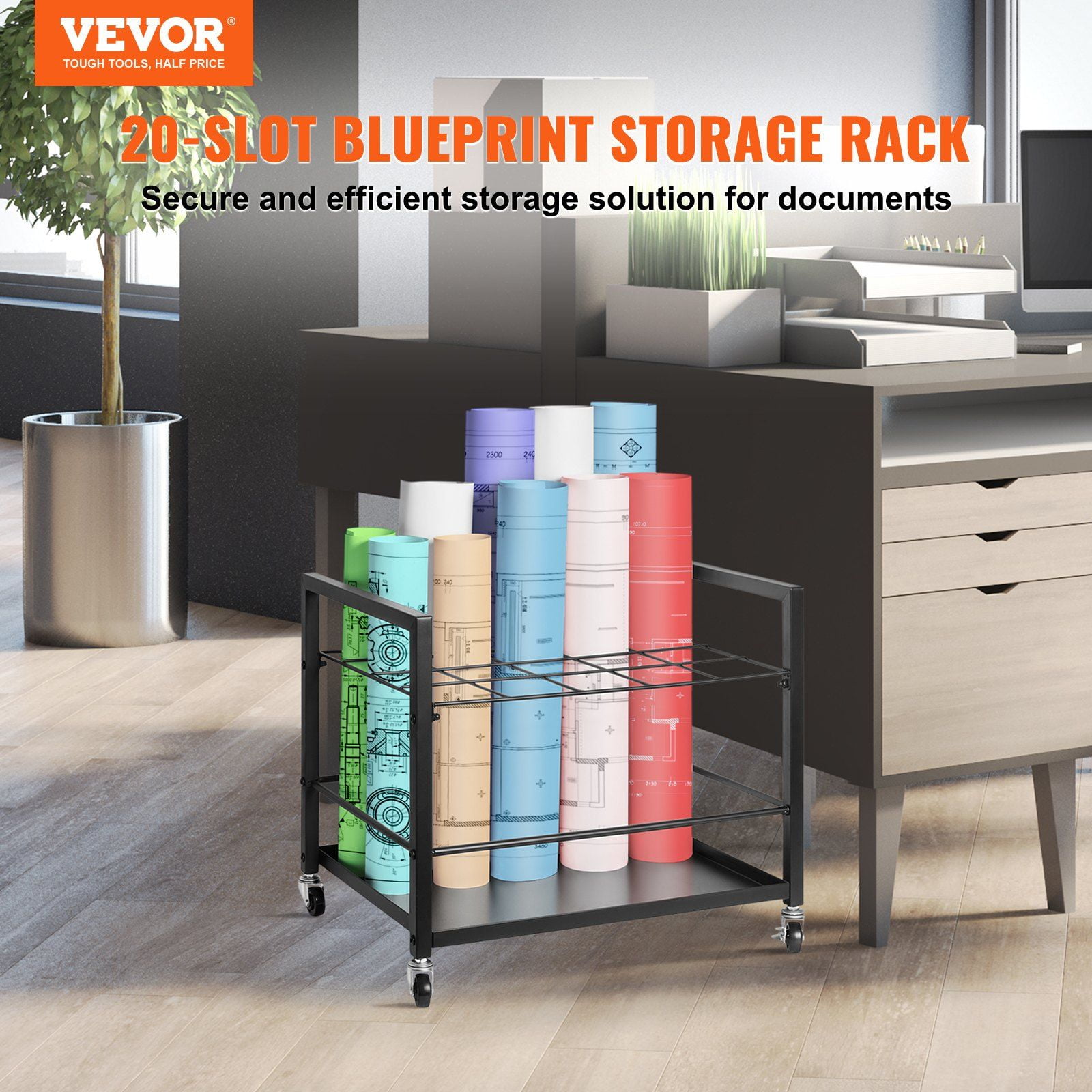 Mobile Metal Blueprint Storage Cart with Wheels 20 Slots Blueprint Holder for Map Poster Architectural Construction Plan Roll File Organizer Home Office School