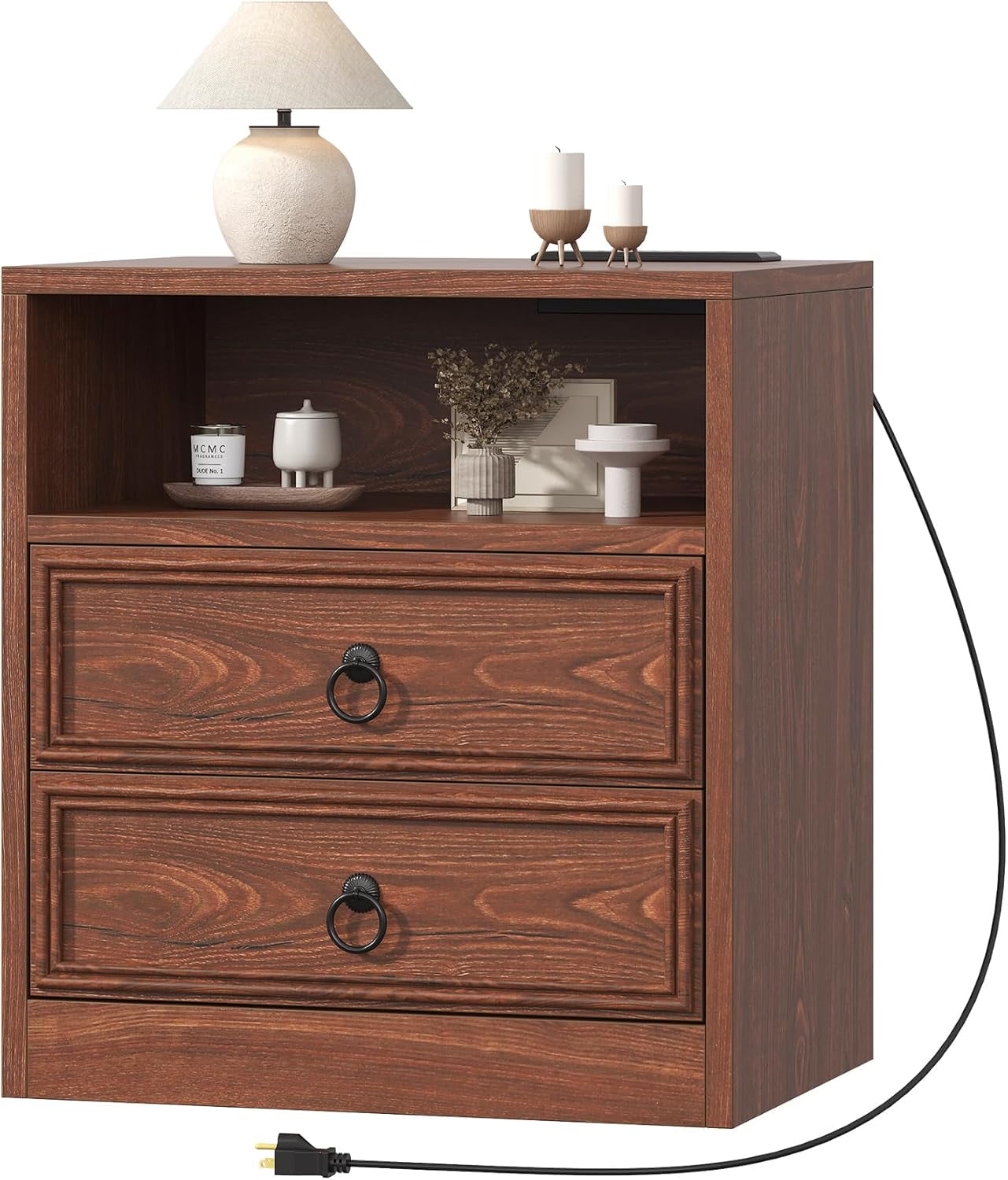 Winkalon 2 Drawers Farmhouse Nightstand with Charging Station, Rustic Bedside Tbale with Drawers for Bedroom, Vintage End Table with Open Shelf for Bedroom Living Room, Cherry