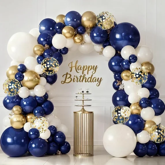 Navy Blue Gold White Balloons Arch Kit -135pcs Double Stuffed  Confetti Balloons Garland for Graduation Fathers Day Birthday New Year Wedding Party Decorations