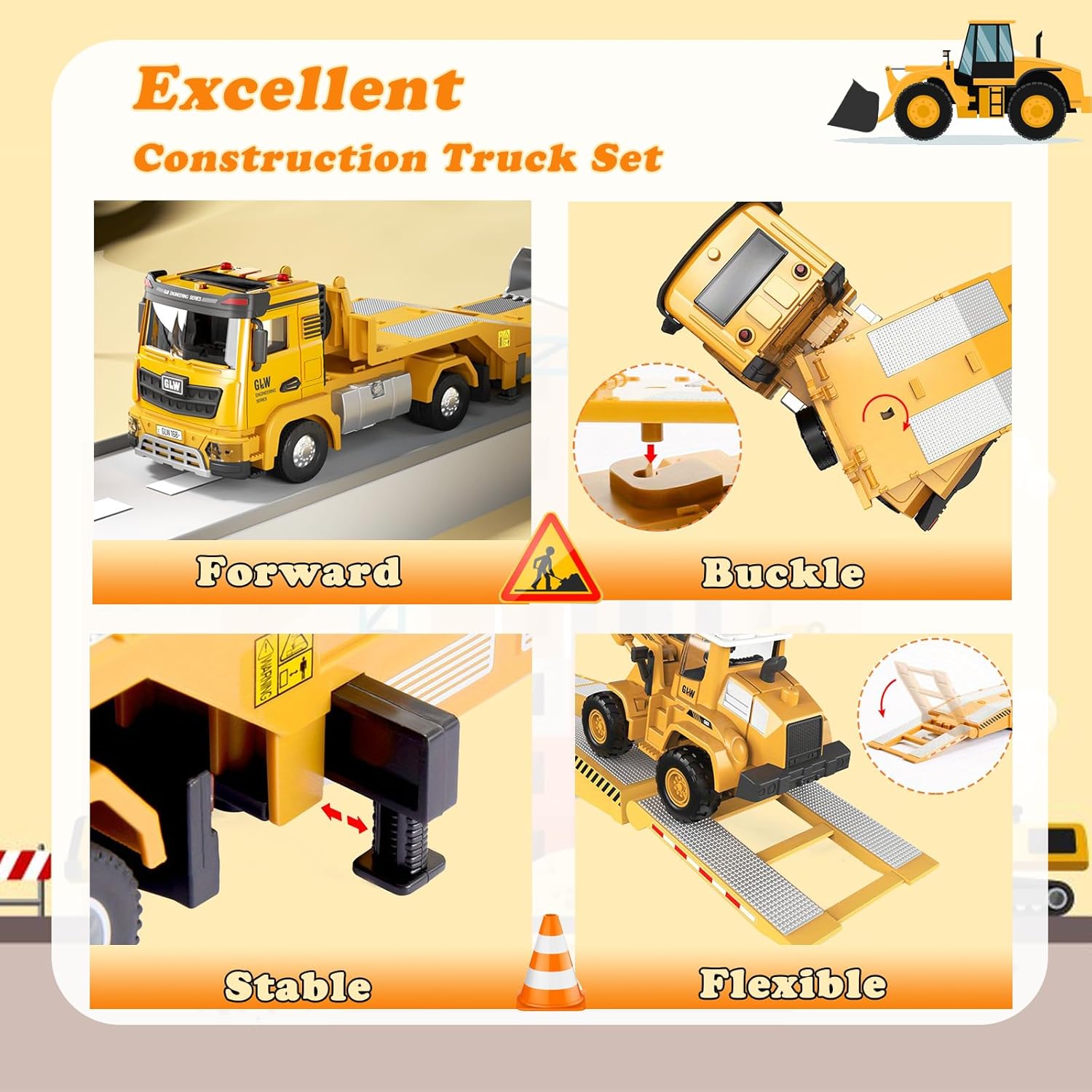 LINXUXIE Construction Toys Set, Kids Engineering Vehicles with Truck & Excavator & Bulldozer, Birthday Gifts for 1-3 3-5 5-8 Year Old