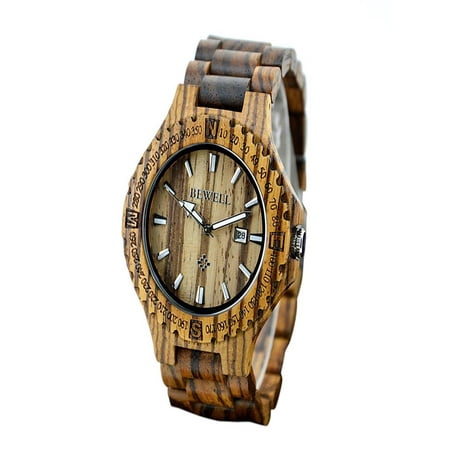 BEWELL High Quality Lightweight Unique Wood Simple Luminous Wristwatch Trendy Analog Quartz Men Watch with Calendar Zebrano (Best Quality Wood Watches)
