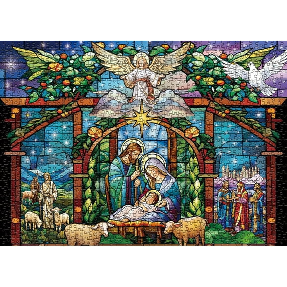 Nativity Scene Puzzles Stained Glass 500 Piece for Adults, Jesus Jigsaw Puzzles Religous Puzzle Jesus Christian Puzzle As Family Games