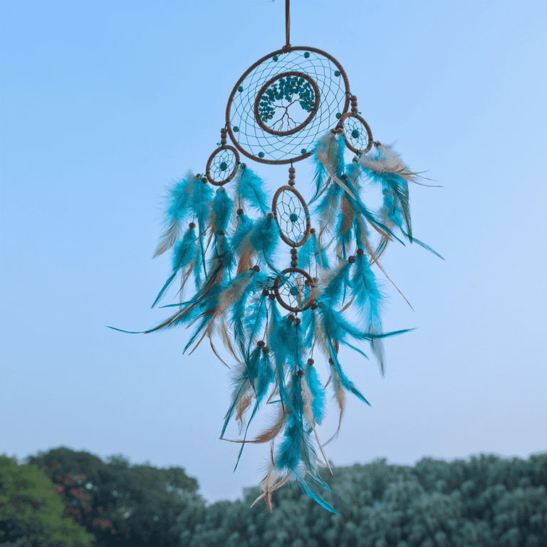 Blue Tree Of Life Dream Catcher - Handmade Wall Hanging With Feathers, 29 Inches, For Home Decor & Gifts