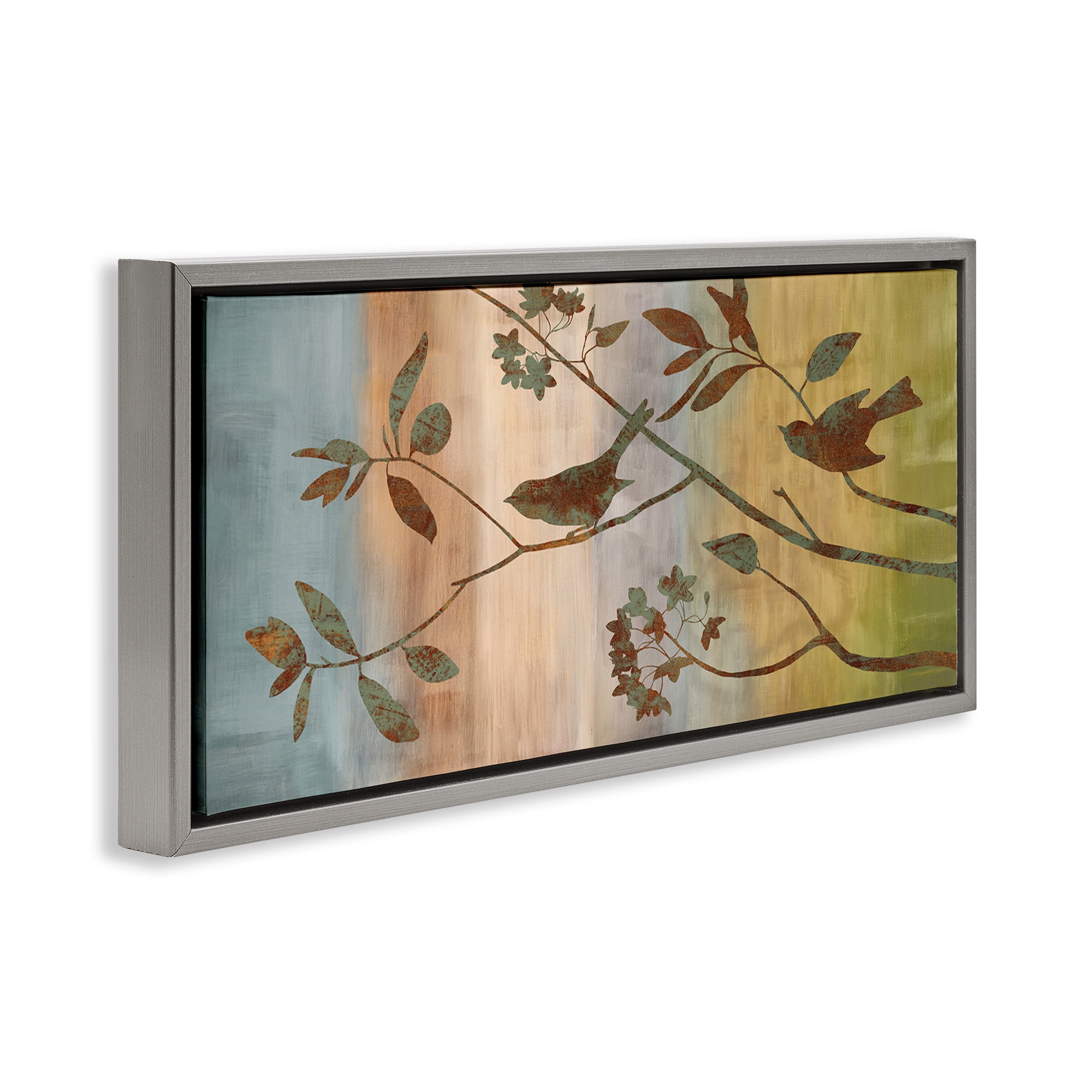 Stupell Industries Collaged Bird Nature Silhouette Botanical & Floral Painting Gray Floater Framed Canvas Art Print Wall Art, 31 x 14