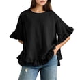 thumbnail image 1 of Blouse à Col à Volants pour Femmes - Chemise Boutonnée à Manches Courtes d'Été, Coupe Ample Décontractée Col Rond avec Détails Féminins (Noir / m), 1 of 7