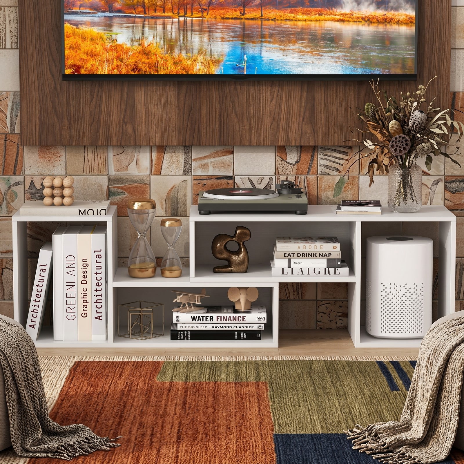 Furnibear 2 Piece Adjustable TV Stand for TVs up to 55 Inch, Expandable Entertainment Center with Open Storage Cubes, Modern Wood Media Console for Living Room, White