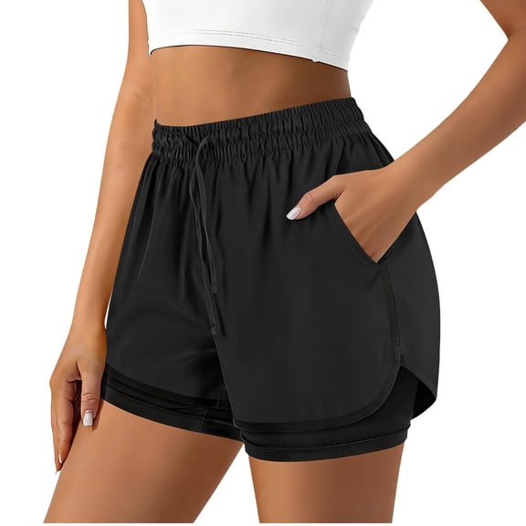Guluxicc Women's 2 in 1 Dolphin Shorts Athletic High Waisted with Drawstring Elastic Waist Running Gym Shorts with Side Pockets for Sweat Absorbing Summer Short Pants