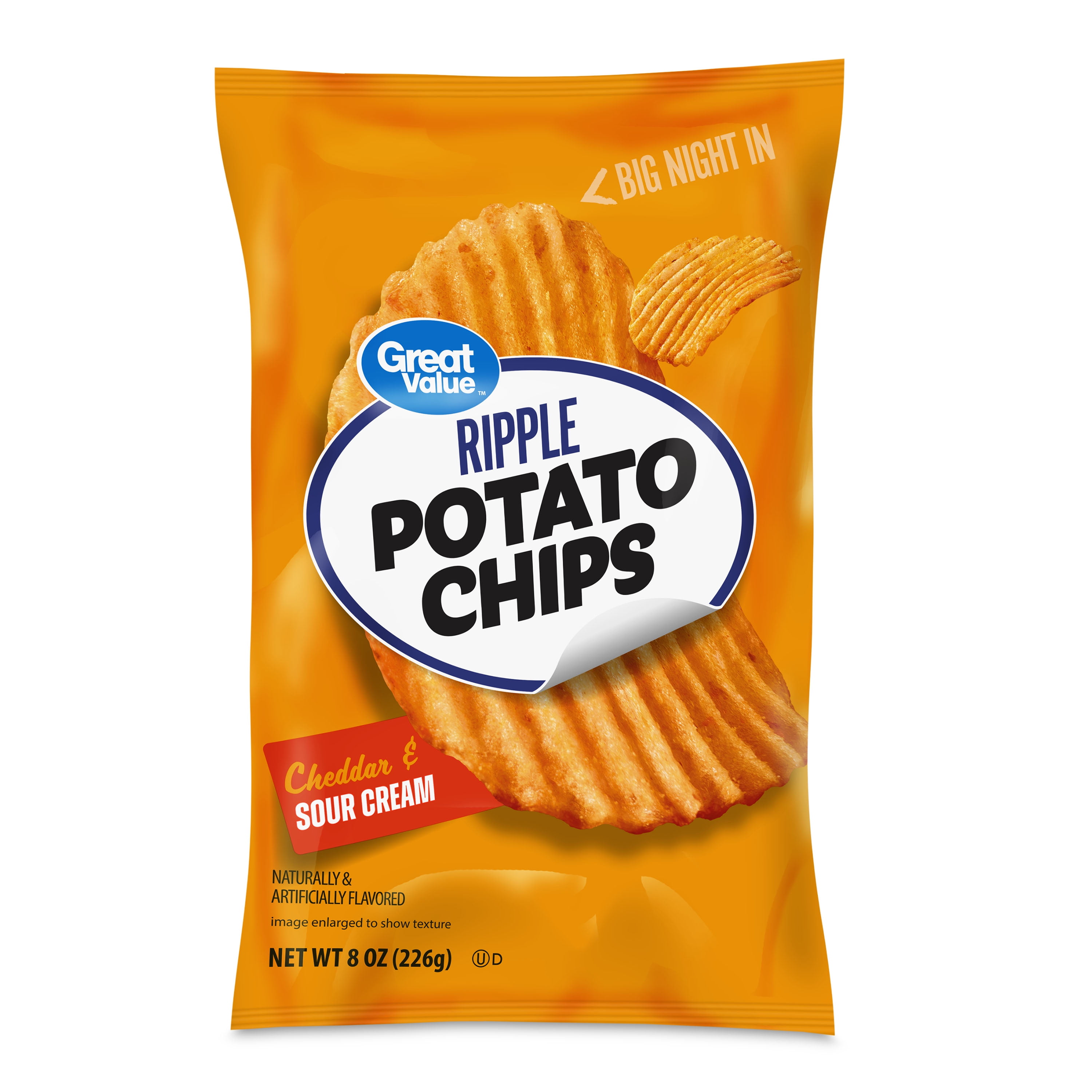 (6 pack) Great Value Rippled Cheddar & Sour Cream Flavored Potato Chips, 8 oz Bag
