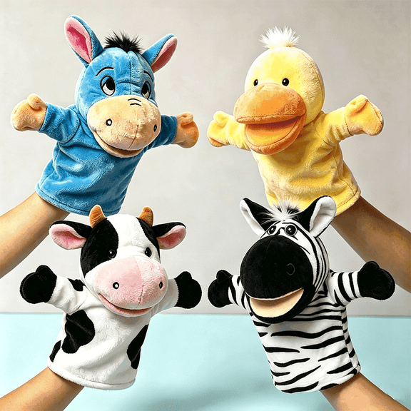 4 Pcs Plush Hand Puppet Set (Blue Donkey Cow Yellow Duck Zebra), The Puppet Type Perfect for Storytelling, Teaching, Preschool, Birthday Gifts