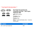 thumbnail image 2 of Rear Brake Pad and Rotor Kit - Compatible with 2001 - 2003 Toyota Highlander AWD 2002, 2 of 2