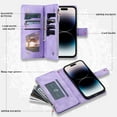 thumbnail image 3 of Dteck Zipper Wallet Case for iPhone 13 Pro Max,Magnetic Durable PU Leather Flower Embossed Case Zipper Card Holder Wallet Kickstand Cover with Detachable Shoulder Strap/Wrist Strap,Purple, 3 of 7