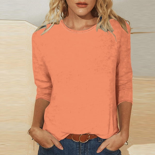 Jsaierl Hauts Décontractés pour Femmes Couleur Unie Manches 3/4 Printemps Été Classiques Col Rond Basiques Quotidiens Sorties