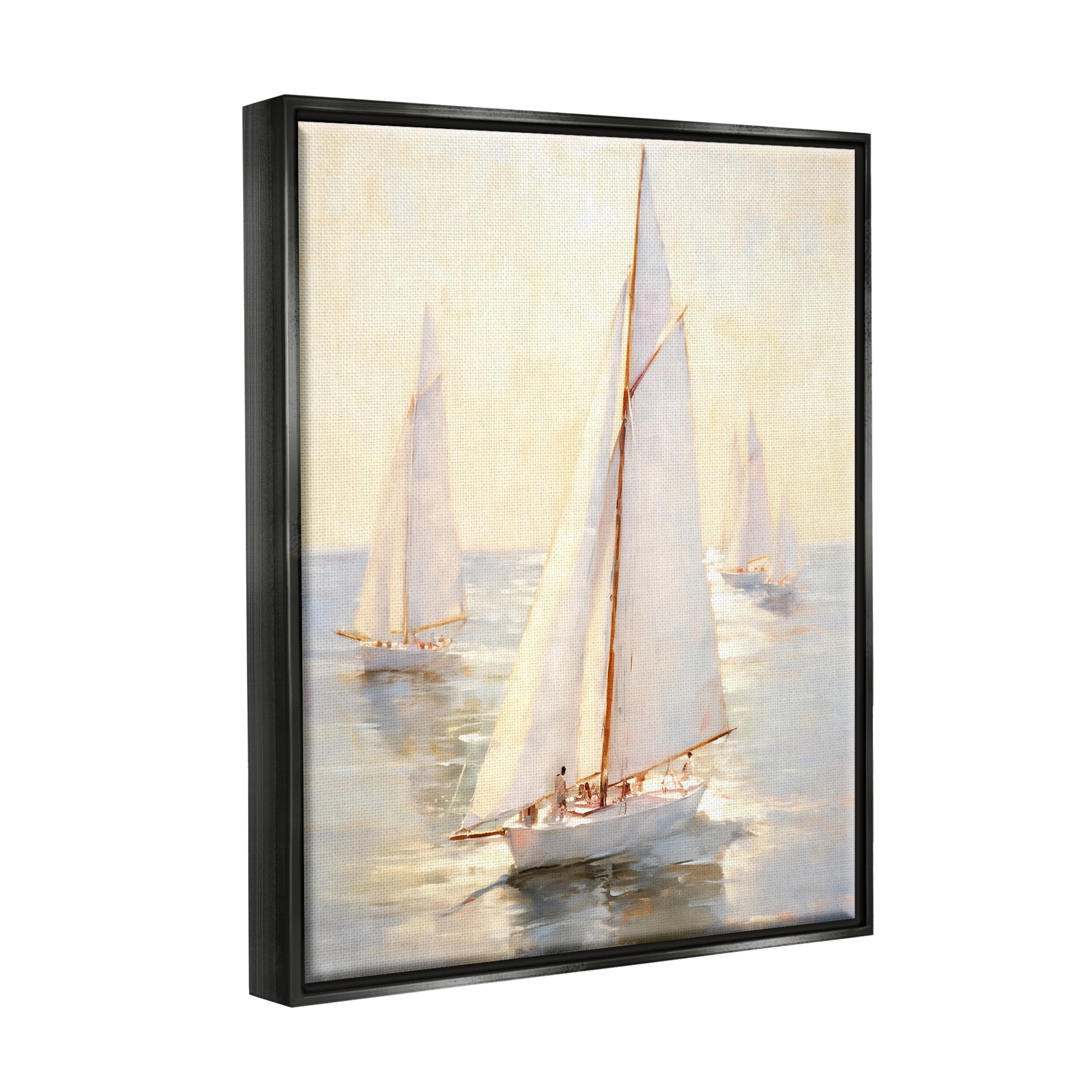 Stupell Industries Sunlit Sailboats Painting Transportation Painting Black Floater Framed Canvas Art Print Wall Art, 25 x 31