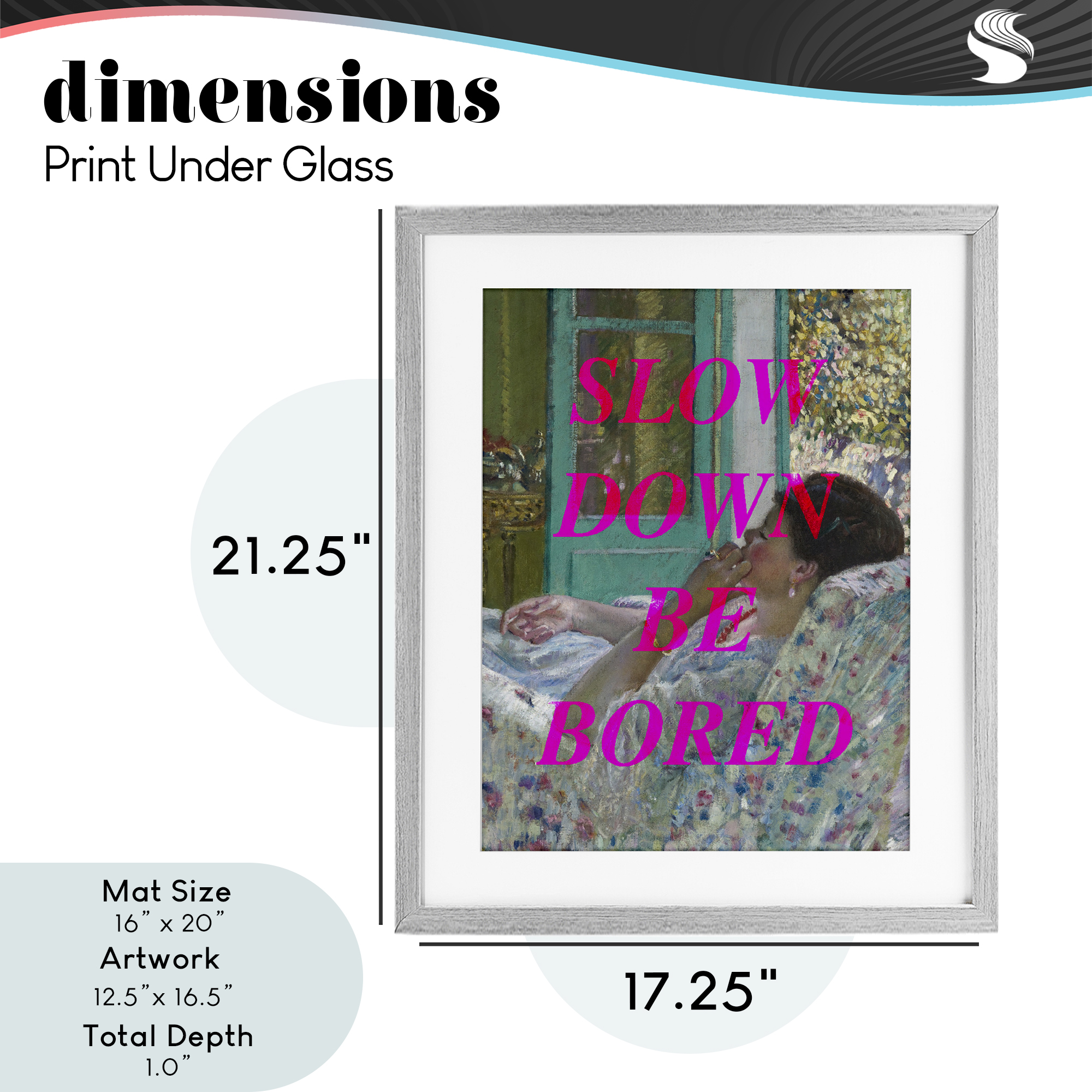 Slow Down Be Bored Classic Gray Framed Print Under Glass, design by Lil' Rue