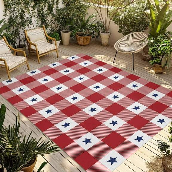 Fsddascl 4th of July Outdoor Rug for Patio/Deck, Non-Slip Large Area Rug 6 x 9 Ft, Independence Day Red White Plaid Blue Star Indoor Outdoor Rugs Washable Area Rugs, Reversible Camping Rug Carpet