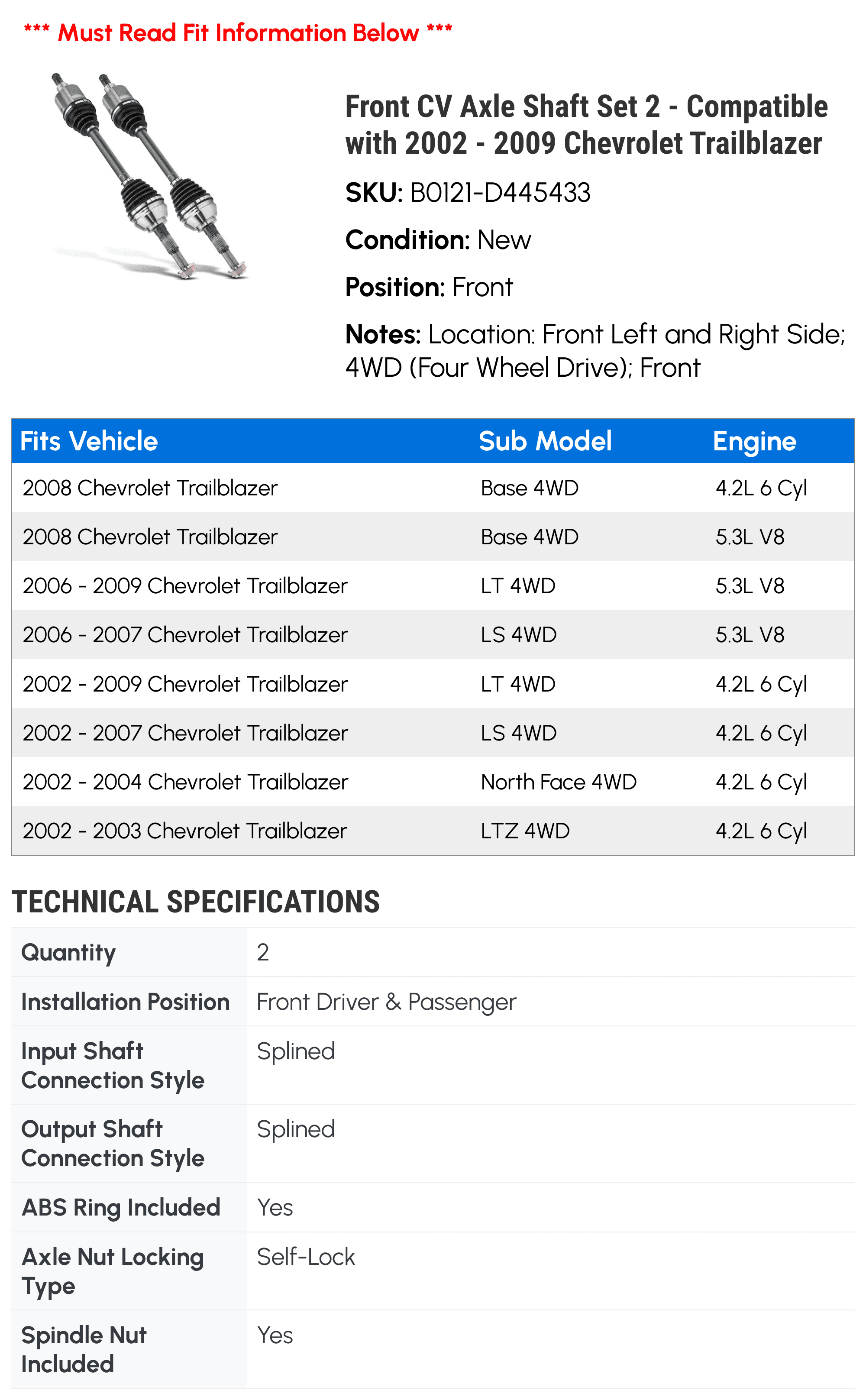 Front CV Axle Shaft Set 2 - Compatible with 2002 - 2009 Chevrolet Trailblazer - Autopart Premium