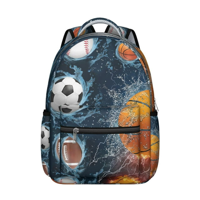 Football Baseball Students Backpack Sports Ball Game School Bag with Soccer Basketball Print, Durable and Adjustable Strap for Training