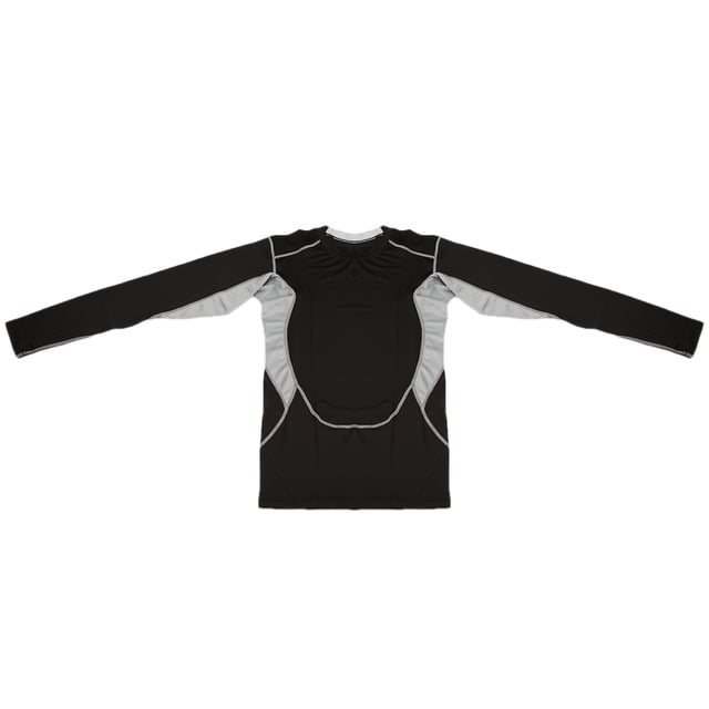 camisetas sunnimix de compresión para hombre l negro rojo blanco fluorescencia camiseta de compresión negra de manga larga en vista plana frontal, corte ajustado baselayer con paneles laterales grises y costuras contrastantes, tejido polyester+spandex elástico y de secado rápido según especificación, cuello redondo y mangas ceñidas, sobre fondo blanco; suele usarse como capa base para entrenamiento.