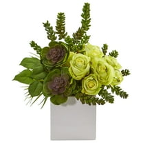 Nearly Natural Green 14" Rose & Succulent Artificial Flower Arrangement in White Vase