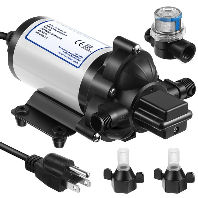 Bomba de diafragma de presión de agua, bomba autocebante industrial de 115 V, 4 Gpm, 45 Psi, incluye accesorios de enchufe, filtro colador para cocina, baño, RV, yate, caravana, manguera de jardín