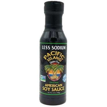 Pacific Island Sauces Soy Sauce, American, Fat-Free, Gluten-Free, No Sugars, Certified Non-GMO, No Carbs, MSG-Free, No Corn Syrup, No Preservatives, Naturally Fermented, Less Sodium Soy Sauce 13 Oz
