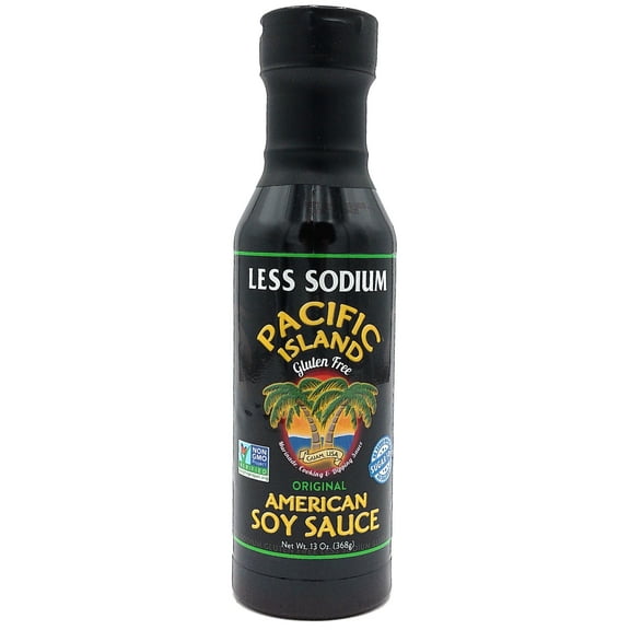 Pacific Island Sauces Soy Sauce, American, Fat-Free, Gluten-Free, No Sugars, Certified Non-GMO, No Carbs, MSG-Free, No Corn Syrup, No Preservatives, Naturally Fermented, Lowest Sodium Real Sauce 13 Oz