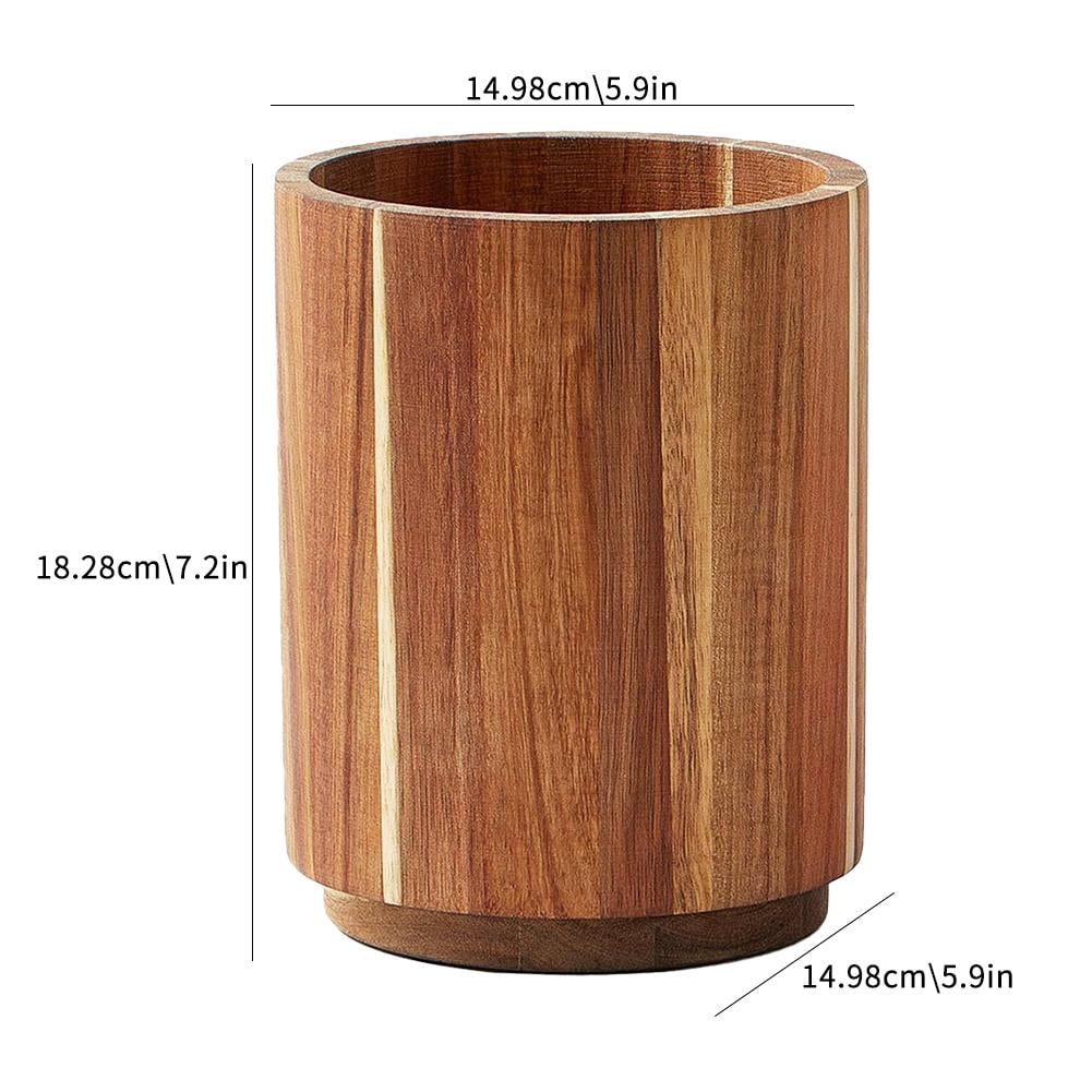 Acacia Wood 360° Rotating Utensil Holder - Non-Slip Large Capacity Crock for Kitchen Counter, Holds 15-20 Cooking Tools - Rustic Farmhouse Countertop Organizer