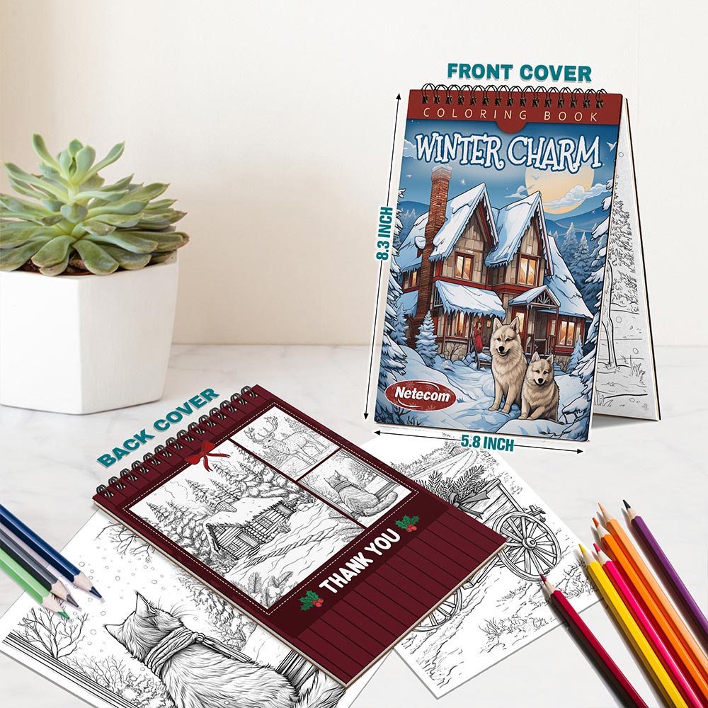 Netecom Winter Charm Coloring Book Spiral Bound For Adults, A5 Wooden Cover, 30 Scenic Coloring Pages in Frosty Landscapes of Nature's Beauty for Stress Relief and Relaxation