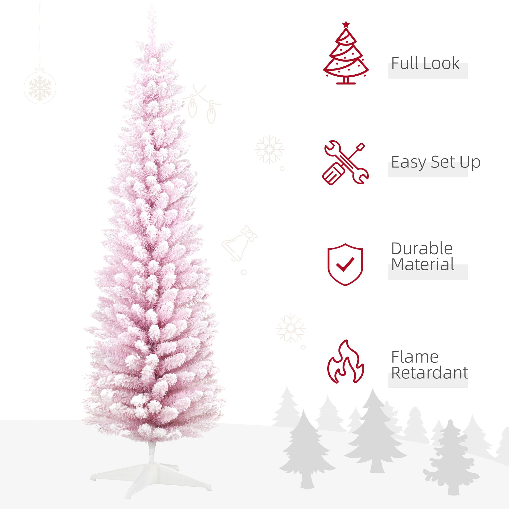 7 ft Snow Flocked Artificial Christmas Tree, Pencil Shape with 499 Realistic Tips, Slim Indoor Holiday Tree for Small Spaces