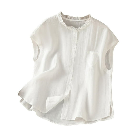 hotojiny Womens Sleeveless Button down Shirt Summer Cotton Linen Blouse Cute Ruffle Beach Vaction Basic Tank Top