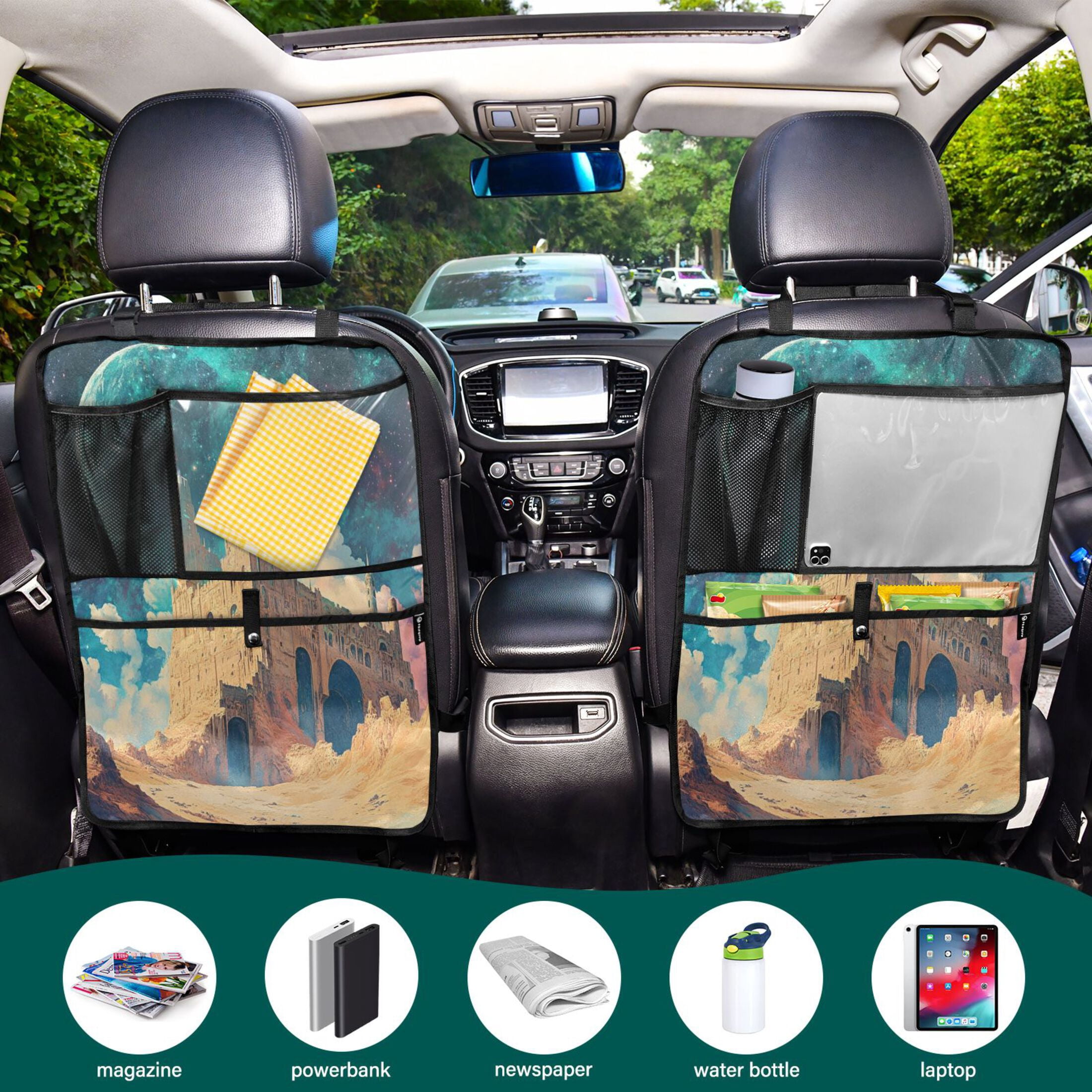WOBOGO Blue Moon Backseat Car Organizer 2 PCS Footed Universal Car with Touch Screen Tablet Holder Rear Seat Protector