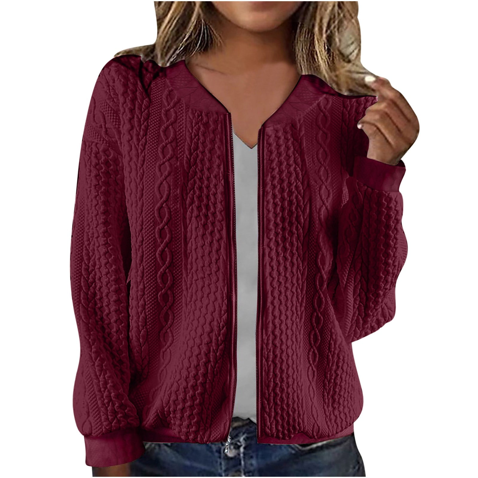 Fartey Zip Up Sweatshirt Jacket for Women 2025 Twist Jackets Soft Comfy Long Sleeve Coat Dressy Casual Stand Collar Hoodless Coats Trendy Fall Winter Solid Color Outerwear Wine S-2XL