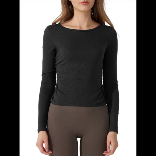 Camiseta Deportiva Informal de Cuello Redondo y Larga para Mujer, Estilo Jersey, para Otoño e Invierno, con Pliegues y Ajustada, para Yoga Negro XL