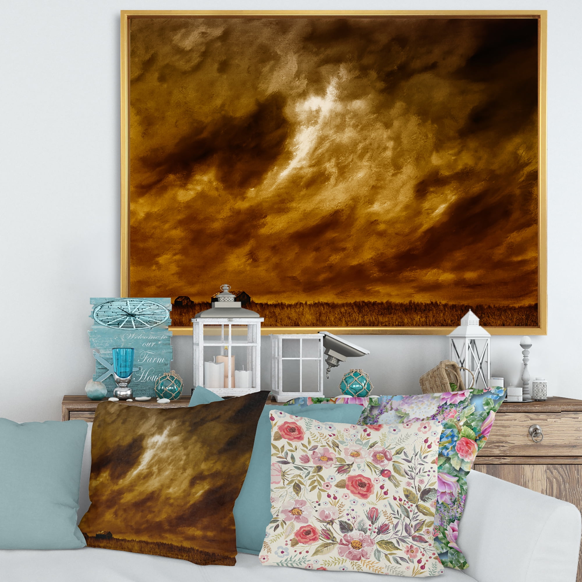 Designart 'Desert Farmhouse Under Cloudy Sky II' Farmhouse Framed Canvas Wall Art Print