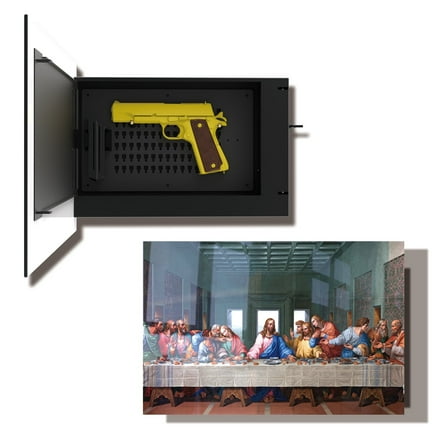 Wall Mounted Last Supper Handgun Storage Cabinet, Concealed Tempered Glass Wall Art Valuable Item Safe, Steel Plate Storage Cabinet With Fingerprint Sensor and Mechanical Lock