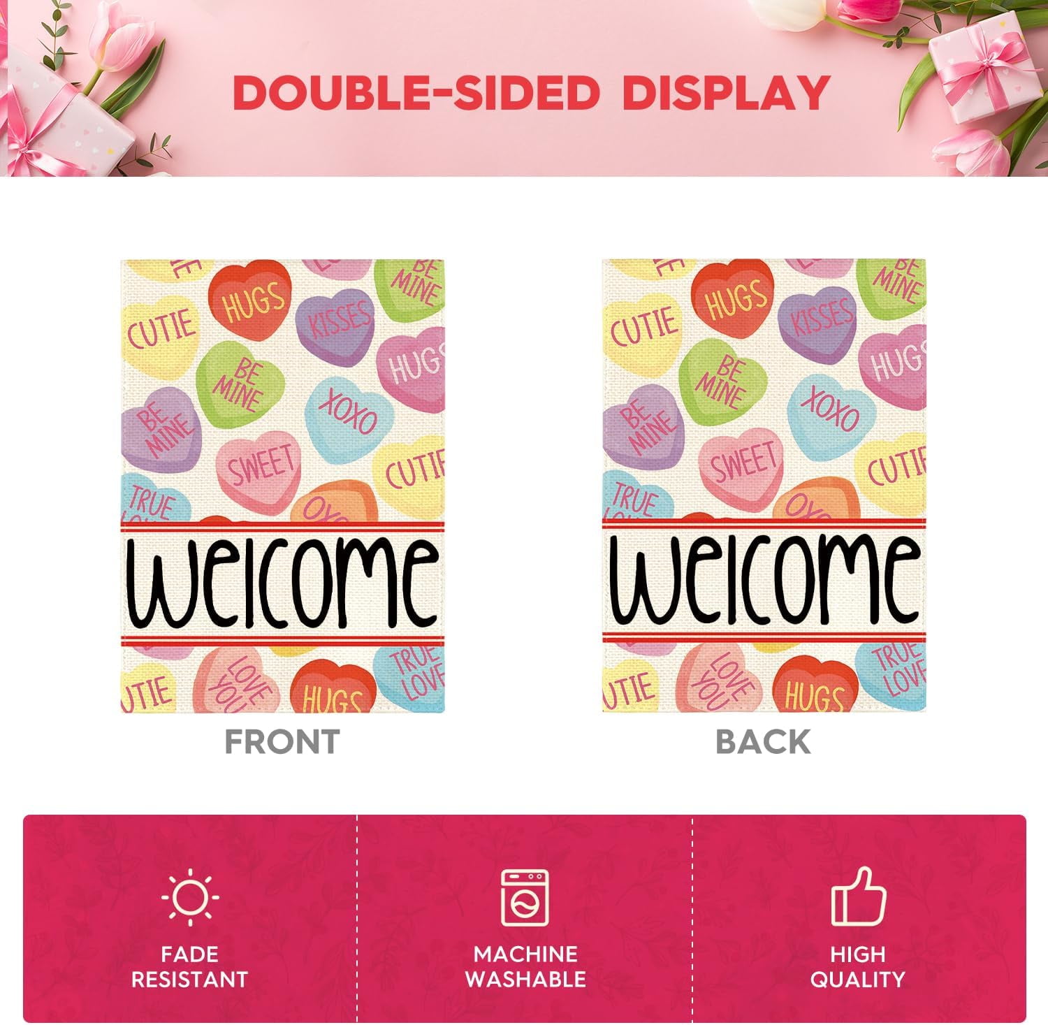 Lanola Valentines Day House Flag 28x40 Inch Double Sided Outside, Welcome Candy Love Hearts Anniversary Yard Outdoor Flag