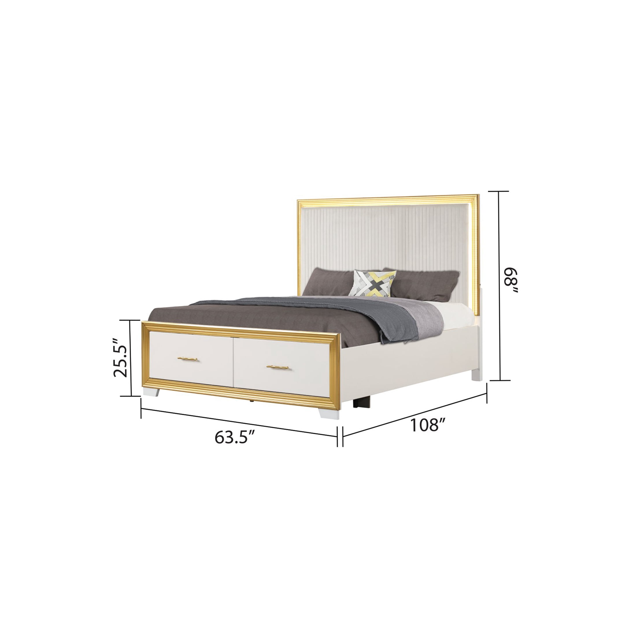 Queen Size Bed Frame with LED Headboard and Storage, Upholstered Platform Bed with Gold Finish