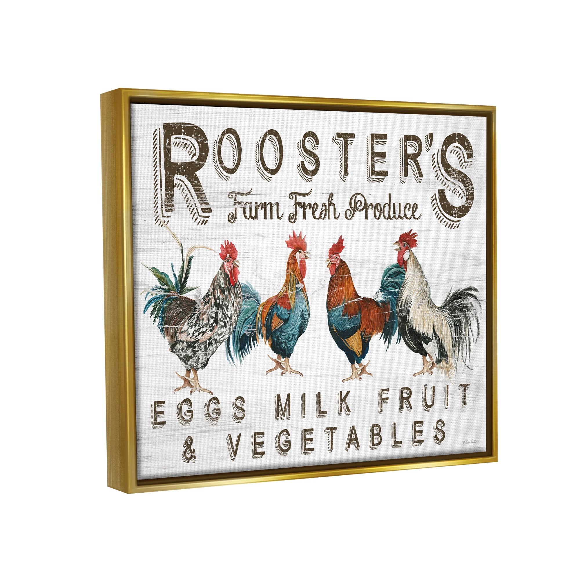 Stupell Rustic Roosters Farm Fresh Produce Animals & Insects Painting Gold Floater Framed Art Print Wall Art