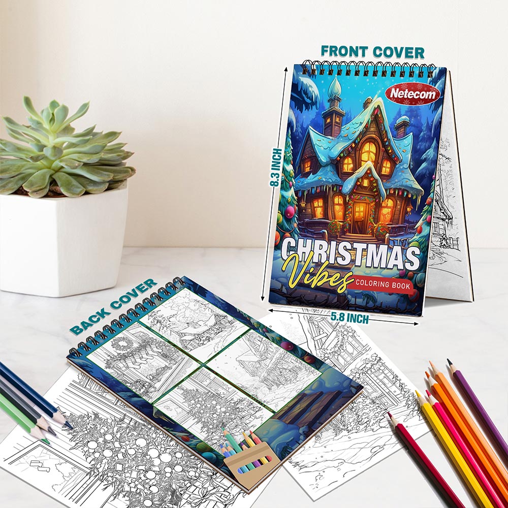 Netecom Christmas Vibes Coloring Book Spiral Bound For Adults, A5 Wooden Cover, 30 Cozy Coloring Pages of Holiday Scenes for Stress Relief and Relaxation