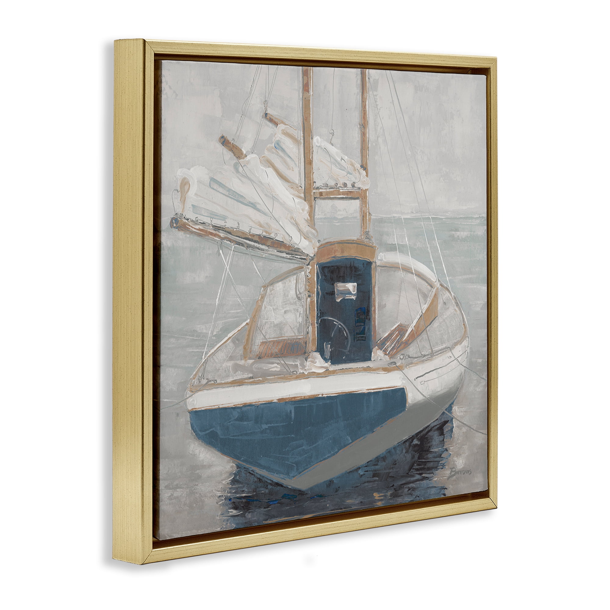 Stupell Industries Serene Harbor Sail Boat Gold Framed Floater Canvas Wall Art, design by John Burrows