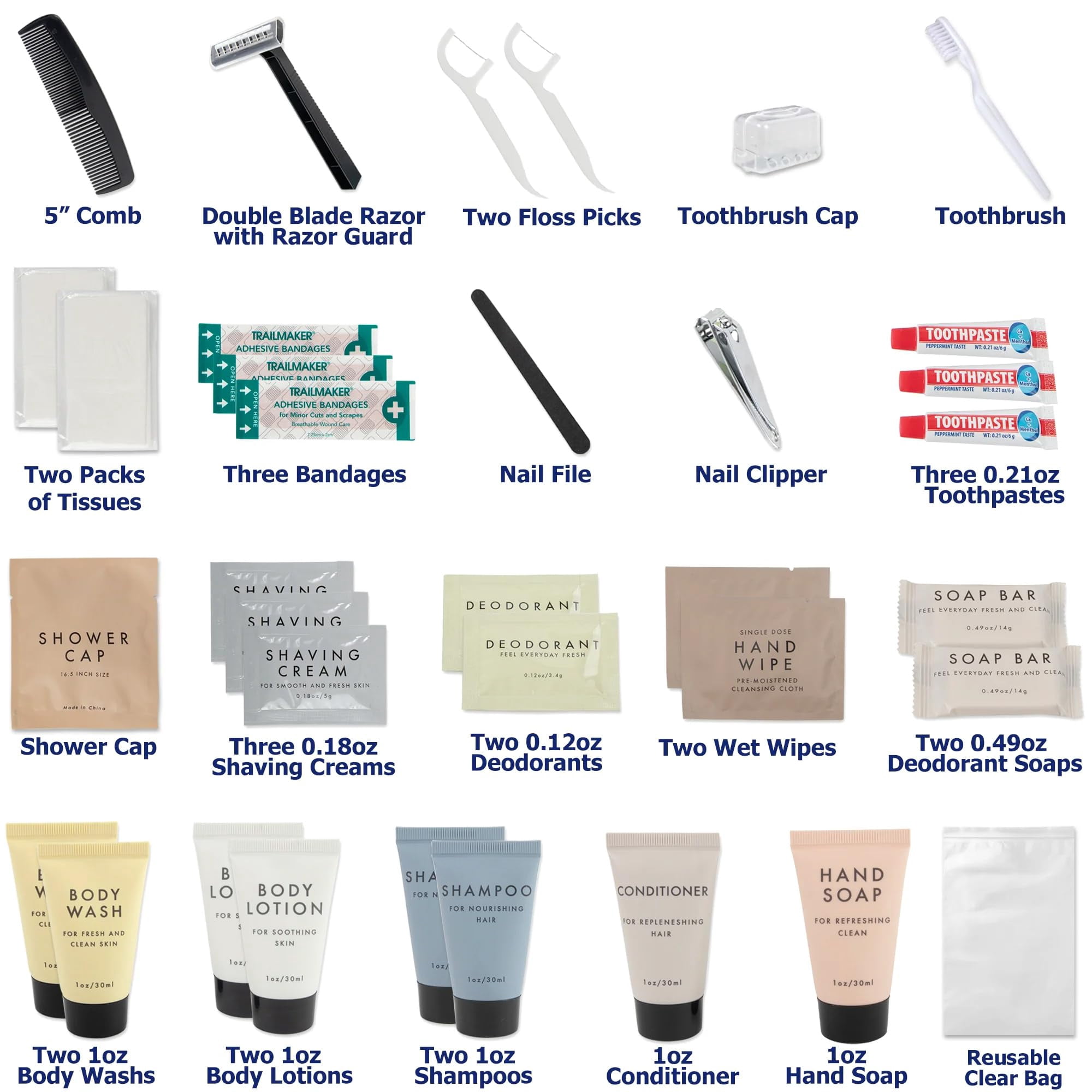 25 Pack of Bulk Wholesale 35 Piece Travel Size Toiletry Kits Containing Shampoo, Conditioner, Body Wash, Body Lotion, Soap Bars, Toothbrush, Toothpaste, Hair Comb, Deodorant and More!