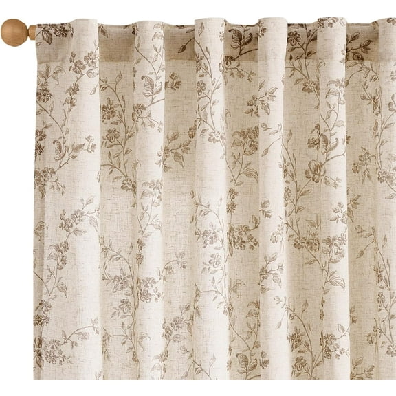 Lazzzy Taupe Floral Linen Curtains 84 Inch Farmhouse Curtain Back Tab Drapes for Living Room Bedroom Light Filtering Vintage Rod Pocket Home, 2 Panels, on Beige