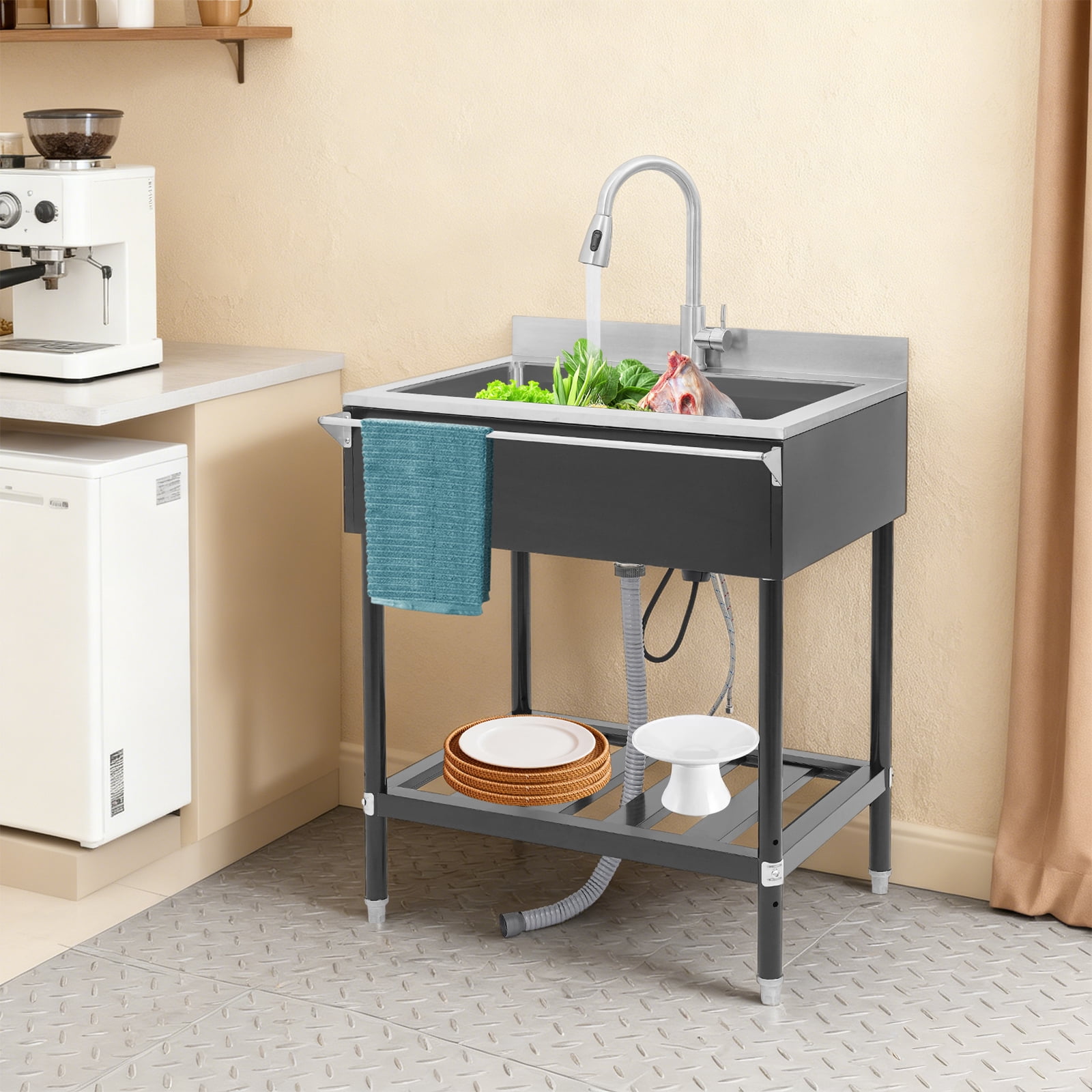 Black Stainless Steel 30.7x22x40.35 Inch Independent Kitchen Sink With Drain Rack Large-Capacity Sink With Pull Tap